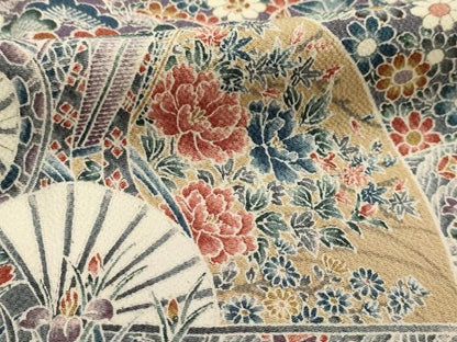 平和屋着物■上質な小紋 扇面風景花文 鬼しぼ縮緬 正絹 逸品 AABG8224sx