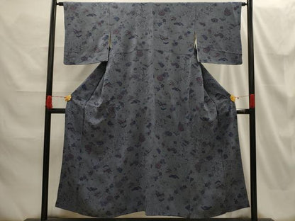 平和屋着物■上質な小紋 型染め 流水草花文 鬼しぼ縮緬 正絹 逸品 AABG8227sx