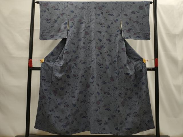 平和屋着物■上質な小紋 型染め 流水草花文 鬼しぼ縮緬 正絹 逸品 AABG8227sx