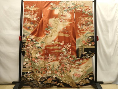 平和屋着物■豪華振袖　駒刺繍　松竹梅御所車風景文　暈し染め　金彩　正絹　逸品　AABG8269sx