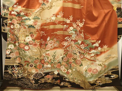 平和屋着物■豪華振袖　駒刺繍　松竹梅御所車風景文　暈し染め　金彩　正絹　逸品　AABG8269sx