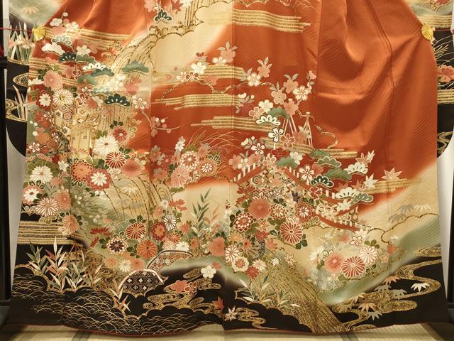 平和屋着物■豪華振袖　駒刺繍　松竹梅御所車風景文　暈し染め　金彩　正絹　逸品　AABG8269sx