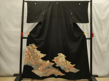 平和屋着物■豪華黒留袖　駒刺繍　松竹梅御所車花文　金彩　正絹　逸品　AABG8275sx