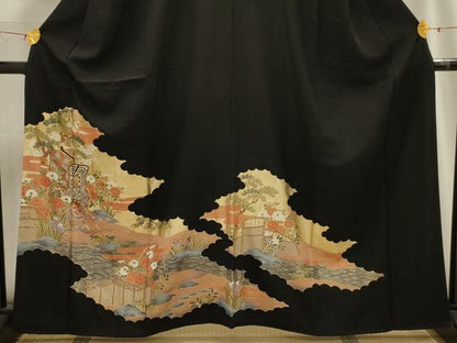 平和屋着物■豪華黒留袖　駒刺繍　松竹梅御所車花文　金彩　正絹　逸品　AABG8275sx