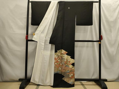 平和屋着物■豪華黒留袖　駒刺繍　松竹梅御所車花文　金彩　正絹　逸品　AABG8275sx