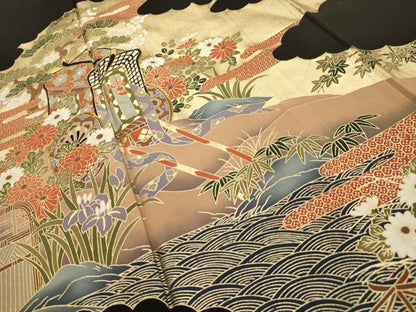 平和屋着物■豪華黒留袖　駒刺繍　松竹梅御所車花文　金彩　正絹　逸品　AABG8275sx