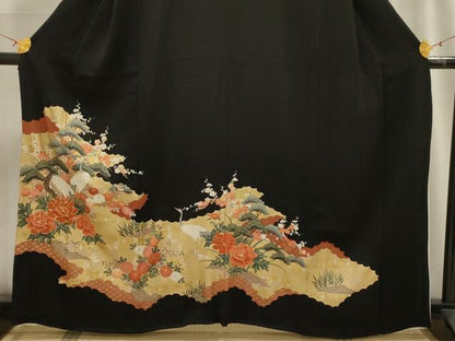 平和屋着物■豪華黒留袖　松竹梅群れ鶴花文　金彩　正絹　逸品　AABG8276sx