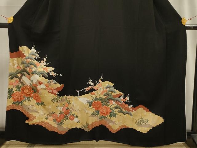 平和屋着物■豪華黒留袖　松竹梅群れ鶴花文　金彩　正絹　逸品　AABG8276sx
