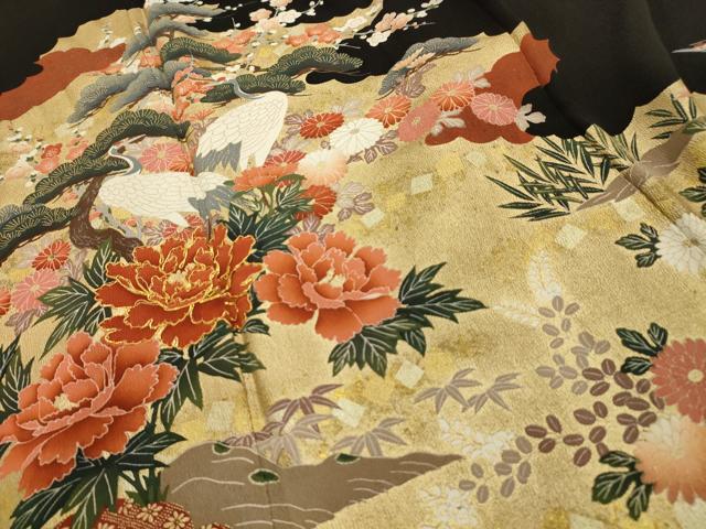 平和屋着物■豪華黒留袖　松竹梅群れ鶴花文　金彩　正絹　逸品　AABG8276sx