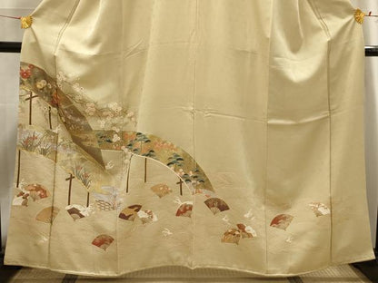平和屋着物■豪華色留袖 駒刺繍 立波扇面花文 金彩 正絹 逸品 AABG8295sx