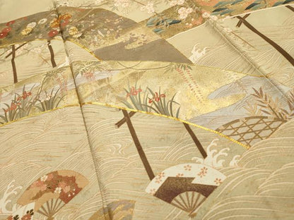 平和屋着物■豪華色留袖 駒刺繍 立波扇面花文 金彩 正絹 逸品 AABG8295sx
