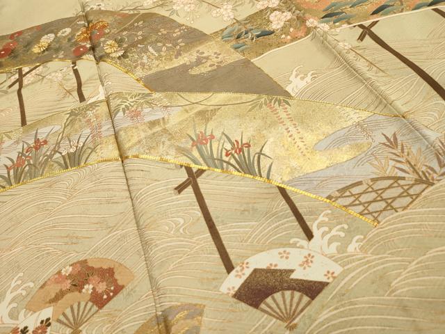 平和屋着物■豪華色留袖 駒刺繍 立波扇面花文 金彩 正絹 逸品 AABG8295sx