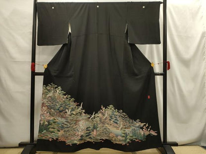 平和屋着物■豪華黒留袖　作家物　松竹梅飛鶴風景文　正絹　逸品　AABG8346sx