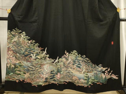 平和屋着物■豪華黒留袖　作家物　松竹梅飛鶴風景文　正絹　逸品　AABG8346sx