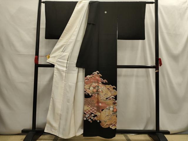 平和屋着物■豪華黒留袖　駒刺繍　松竹梅扇面飾花文　金彩　正絹　逸品　AABG8348sx