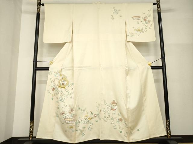 平和屋着物▽訪問着 単衣 陶器花文 金彩 正絹 逸品 AABG8411ck