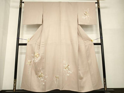 平和屋着物▽訪問着 単衣 駒刺繍 草花文 金彩 正絹 逸品 AABG8419ck