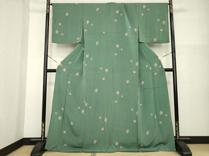 平和屋着物▽上質な小紋 単衣 舞花文 鬼しぼ縮緬 正絹 逸品 AABG8420ck