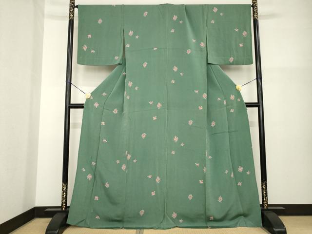 平和屋着物▽上質な小紋 単衣 舞花文 鬼しぼ縮緬 正絹 逸品 AABG8420ck