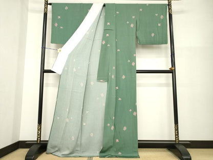 平和屋着物▽上質な小紋 単衣 舞花文 鬼しぼ縮緬 正絹 逸品 AABG8420ck