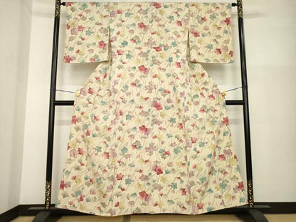 平和屋着物▽上質な小紋 単衣 お召地 草花文 正絹 逸品 AABG8421ck