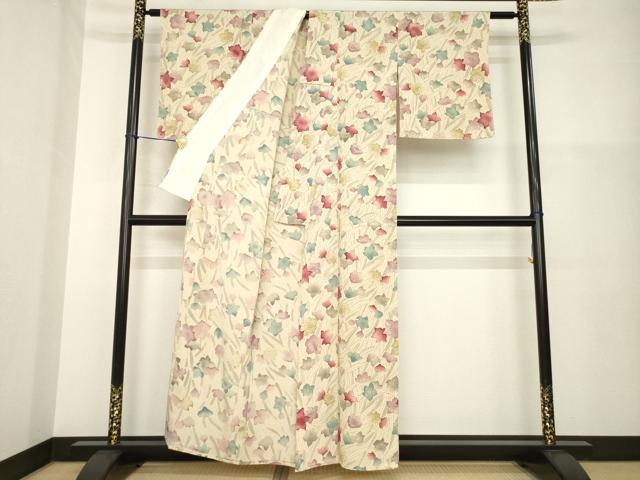 平和屋着物▽上質な小紋 単衣 お召地 草花文 正絹 逸品 AABG8421ck