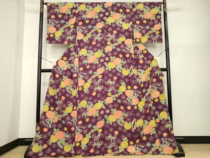 平和屋着物▽上質な小紋　単衣　型染め　地紙花鳥文　ロング丈　正絹　逸品　AABG8424ck