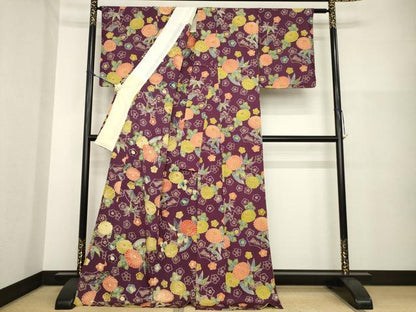 平和屋着物▽上質な小紋　単衣　型染め　地紙花鳥文　ロング丈　正絹　逸品　AABG8424ck