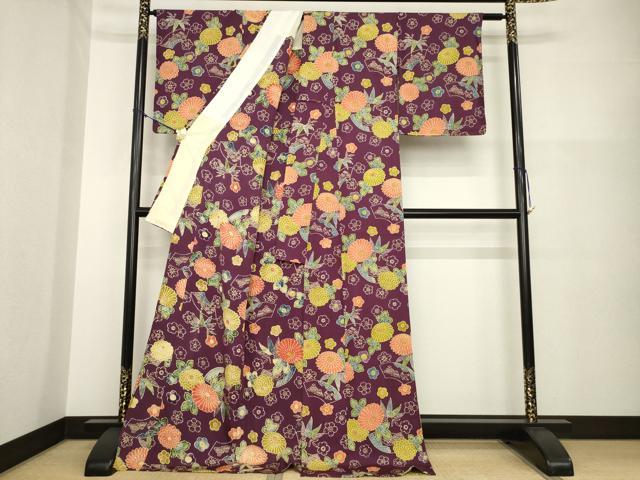 平和屋着物▽上質な小紋　単衣　型染め　地紙花鳥文　ロング丈　正絹　逸品　AABG8424ck