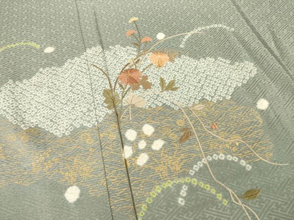 平和屋着物▽訪問着 単衣 絞り 刺繍 雲重ね花文 正絹 逸品 AABG8427ck