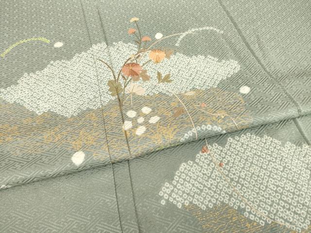 平和屋着物▽訪問着 単衣 絞り 刺繍 雲重ね花文 正絹 逸品 AABG8427ck