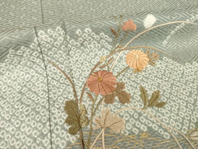 平和屋着物▽訪問着 単衣 絞り 刺繍 雲重ね花文 正絹 逸品 AABG8427ck
