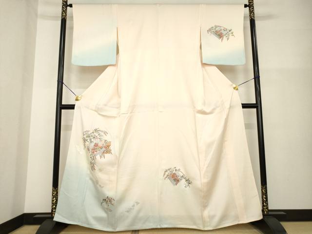 平和屋着物▽訪問着 単衣 総刺繍 色紙花文 暈し染め 正絹 逸品 AABG8430ck
