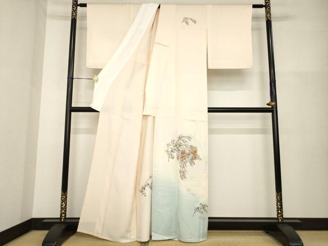 平和屋着物▽訪問着 単衣 総刺繍 色紙花文 暈し染め 正絹 逸品 AABG8430ck