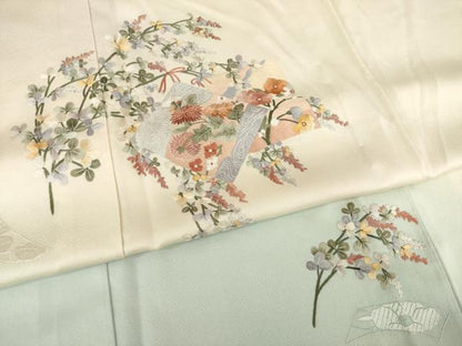 平和屋着物▽訪問着 単衣 総刺繍 色紙花文 暈し染め 正絹 逸品 AABG8430ck