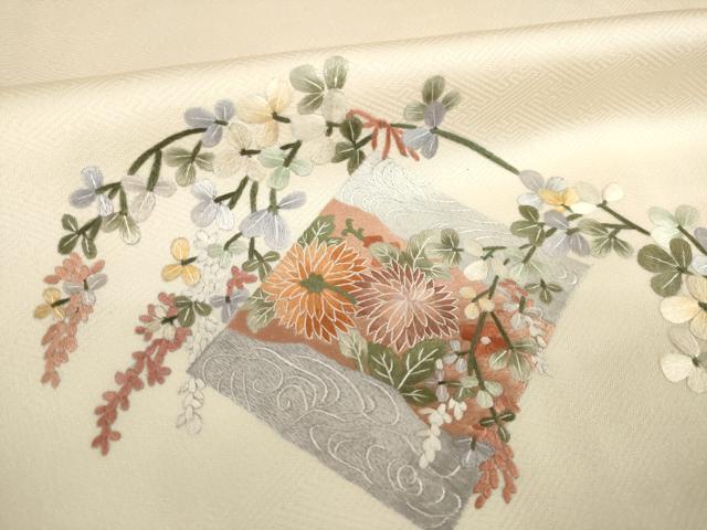 平和屋着物▽訪問着 単衣 総刺繍 色紙花文 暈し染め 正絹 逸品 AABG8430ck