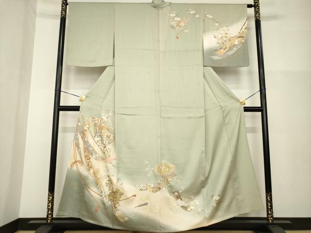 平和屋着物▽訪問着 単衣 扇面鳳凰花文 暈し染め 金彩 正絹 逸品 AABG8434ck
