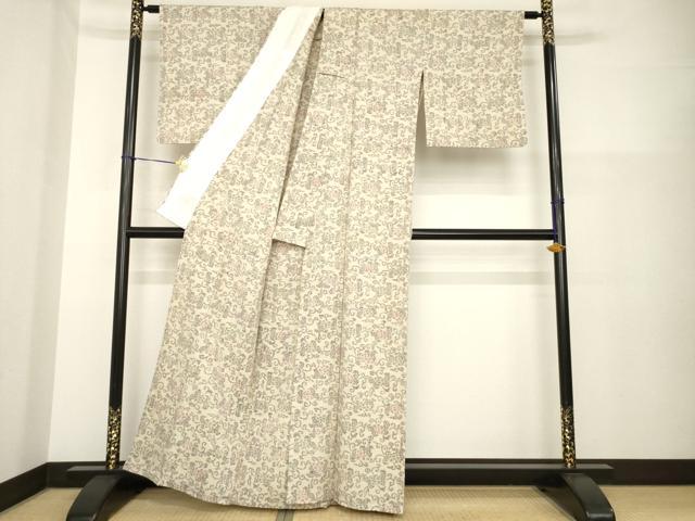 平和屋着物▽浦野理一　経節紬　単衣　花唐草文　正絹　逸品　AABG8438ck