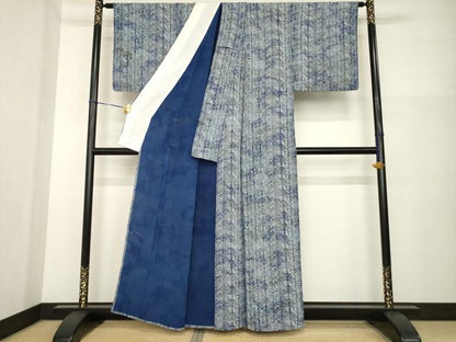 平和屋着物▽上質な小紋 単衣 藍 型染め 笹竹文 正絹 逸品 AABG8440ck