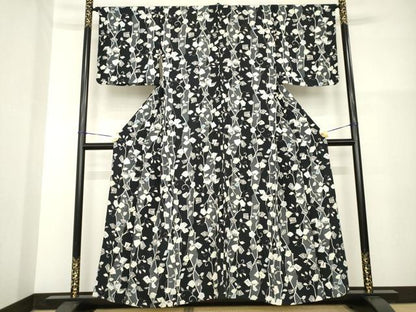 平和屋着物▽上質な小紋 単衣 花蔦草文 黒地 正絹 逸品 AABG8441ck