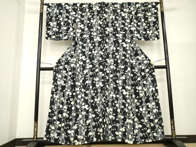 平和屋着物▽上質な小紋 単衣 花蔦草文 黒地 正絹 逸品 AABG8441ck
