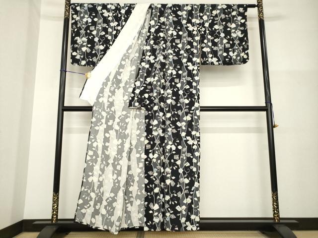 平和屋着物▽上質な小紋 単衣 花蔦草文 黒地 正絹 逸品 AABG8441ck