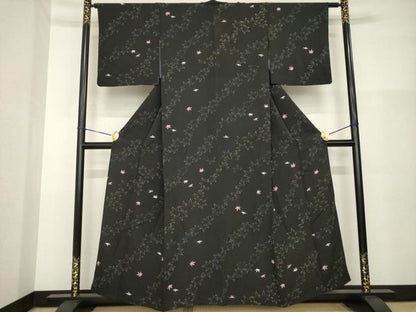 平和屋着物▽上質な小紋　単衣　楓文　黒地　正絹　逸品　AABG8447ck