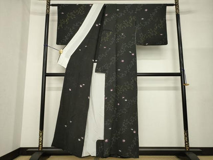 平和屋着物▽上質な小紋　単衣　楓文　黒地　正絹　逸品　AABG8447ck