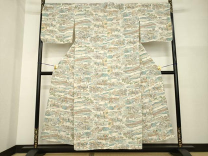 平和屋着物▽上質な小紋 単衣 名所風景文 正絹 逸品 AABG8450ck