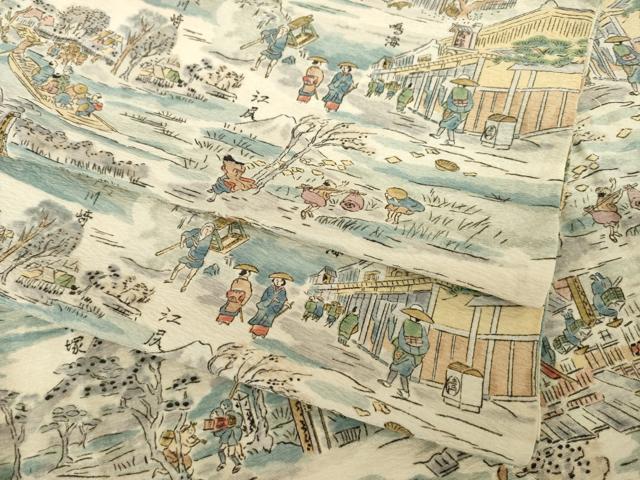 平和屋着物▽上質な小紋 単衣 名所風景文 正絹 逸品 AABG8450ck