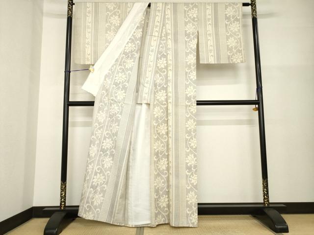 平和屋着物▽本場大島紬 単衣 白大島 花唐草間道 正絹 逸品 AABG8456ck
