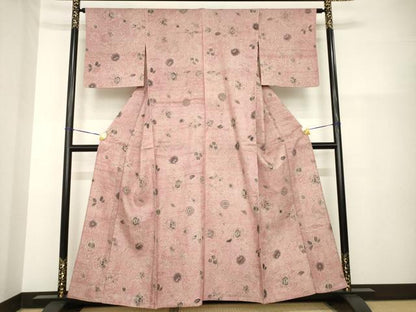 平和屋着物▽上質な小紋　単衣　紬地　更紗花文　正絹　逸品　AABG8463ck