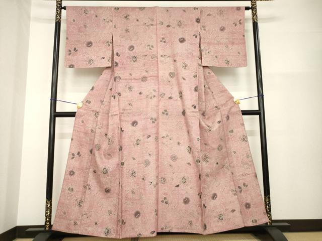平和屋着物▽上質な小紋　単衣　紬地　更紗花文　正絹　逸品　AABG8463ck
