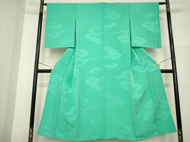 平和屋着物▽上質な色無地　単衣　雲重ね地紋　木賊色　正絹　逸品　AABG8468ck